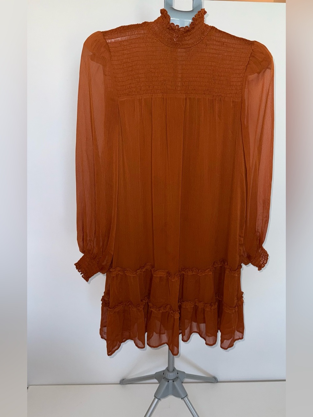 CeCe Rust Orange Smocked Tiered Ruffle Mini Dress Balloon Sleeve Small
